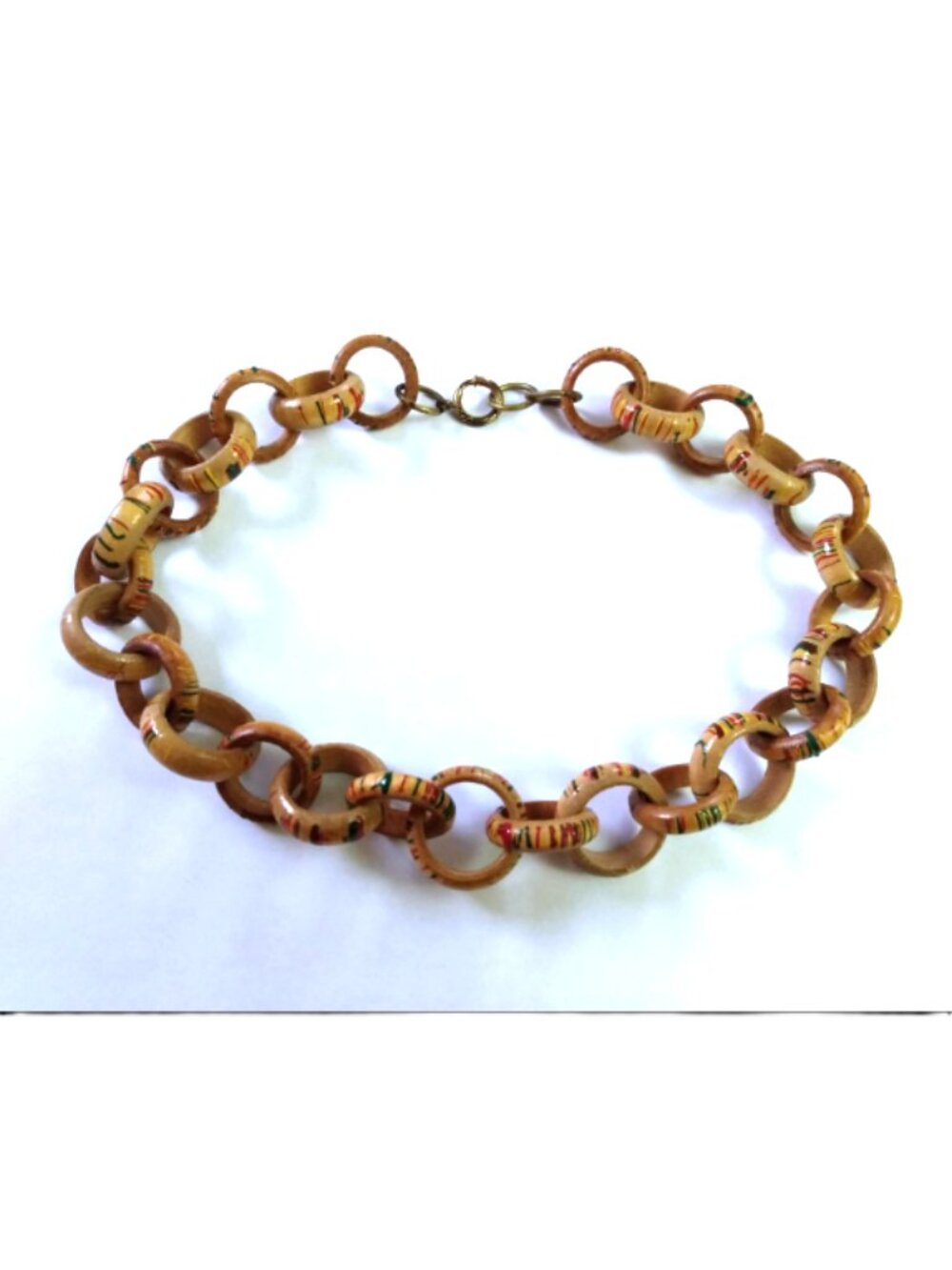 Vintage Wooden Link Ring Necklace Tropical Hand Painted Jewelry Antique Clasp